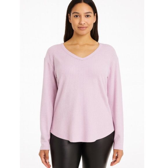 Chaser Tops - Chaser Waffle Knit Thermal Long Sleeve V-Neck Top Lilac Size XL